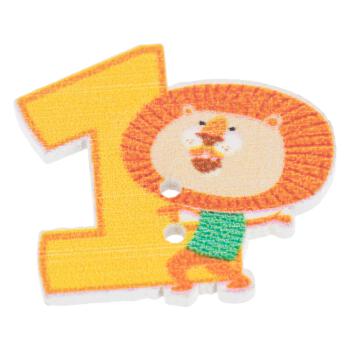 Kinderknopf aus Holz - Zahl "1" in Gelb-Orange mit tapferem Löwen