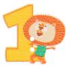 Kinderknopf aus Holz - Zahl "1" in Gelb-Orange mit tapferem Löwen