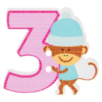 Kinderknopf aus Holz - Zahl "3" in Rosa mit lustigem Affe