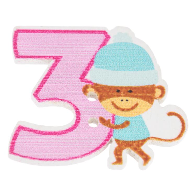 Kinderknopf aus Holz - Zahl "3" in Rosa mit lustigem Affe 35mm