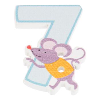 Kinderknopf aus Holz - Zahl "7" in Hellblau mit flinker Maus