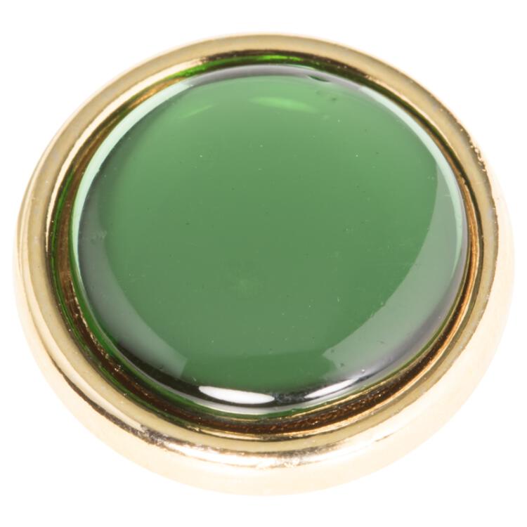 Blusenknopf mit gewölbter Glaseinlage in transparent Grün und goldener Metallfassung 10mm