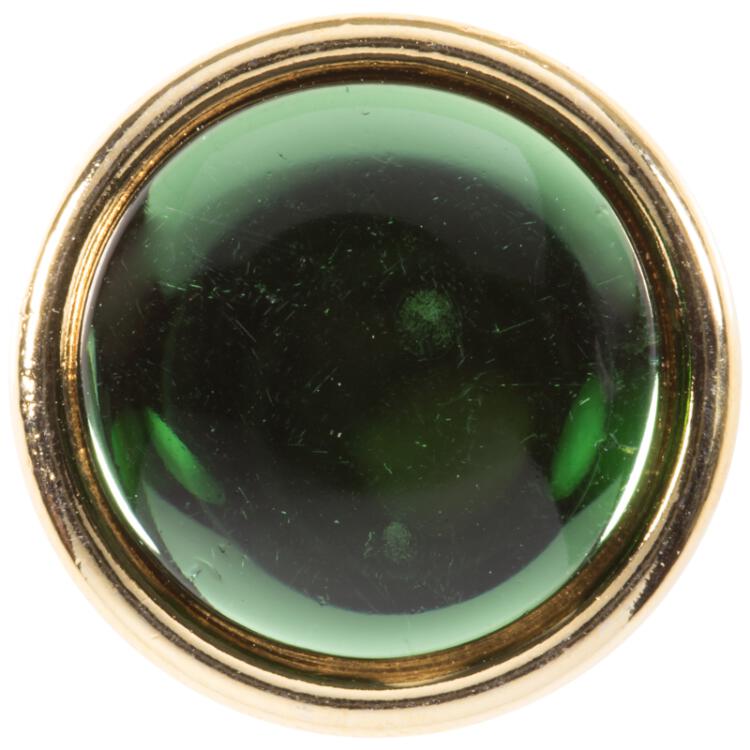 Blusenknopf mit gewölbter Glaseinlage in transparent Grün und goldener Metallfassung 10mm