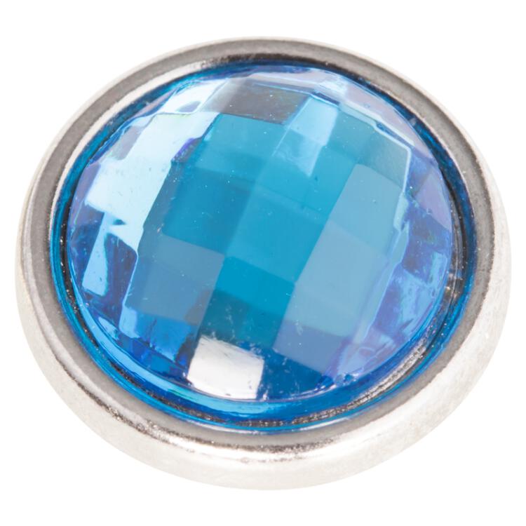 Blusenknopf mit fein facettierter Glaseinlage in transparent Blau und silberner Metallfassung 10mm