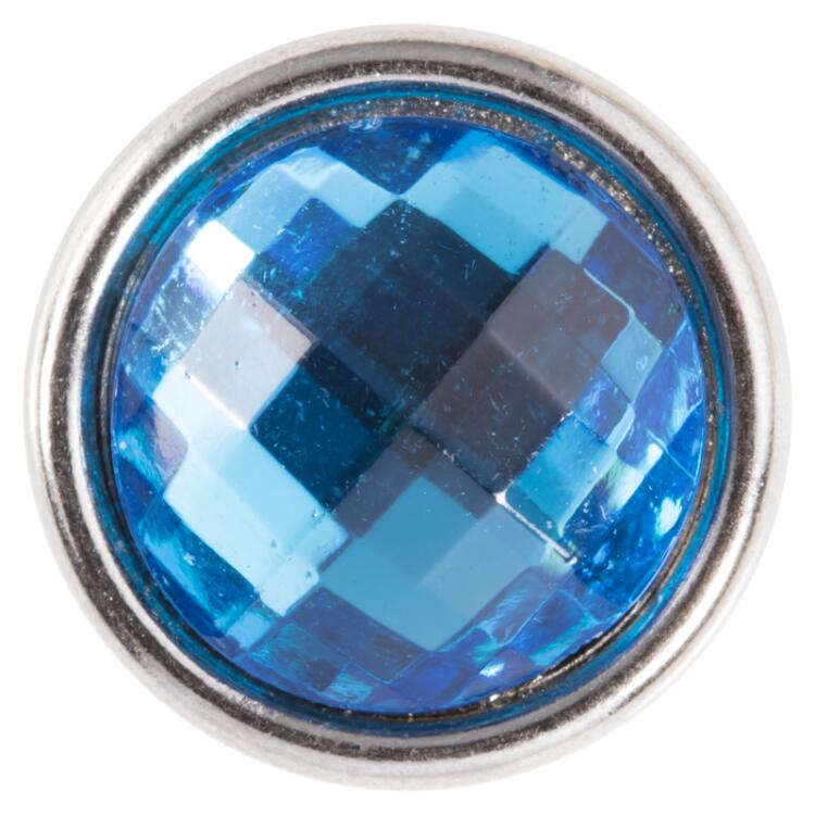 Blusenknopf mit fein facettierter Glaseinlage in transparent Blau und silberner Metallfassung 20mm