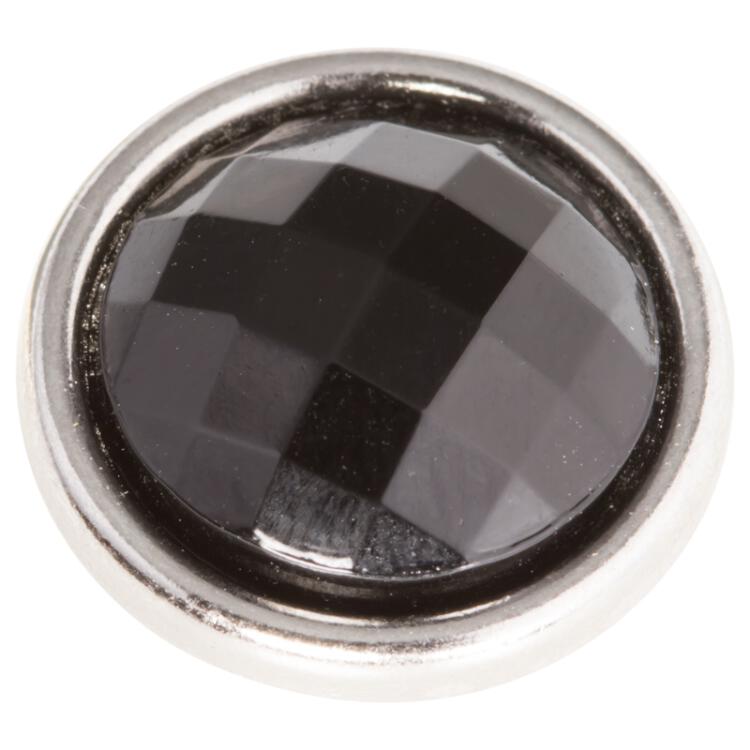 Blusenknopf mit fein facettierter Glaseinlage in Schwarz und silberner Metallfassung 10mm
