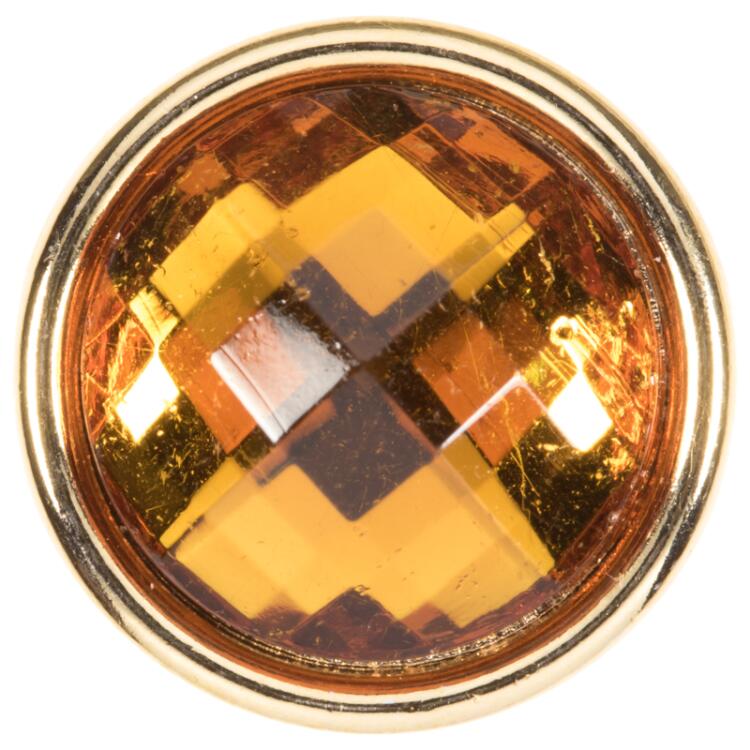Blusenknopf mit fein facettierter Glaseinlage in transparent Bernsteinorange und goldener Metallfassung 10mm