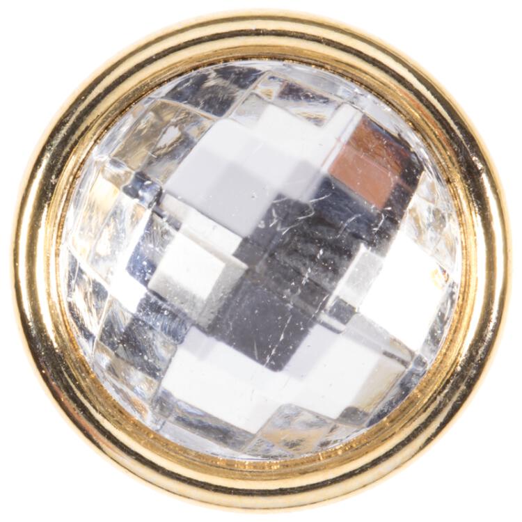 Blusenknopf mit fein facettierter transparenter Glaseinlage in goldener Metallfassung 20mm
