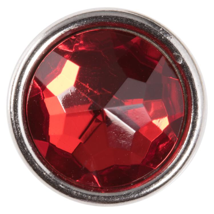 Echter Glasknopf/Kristallknopf in transparent Rot mit Rosenschliff in silberner Metallfassung 10mm