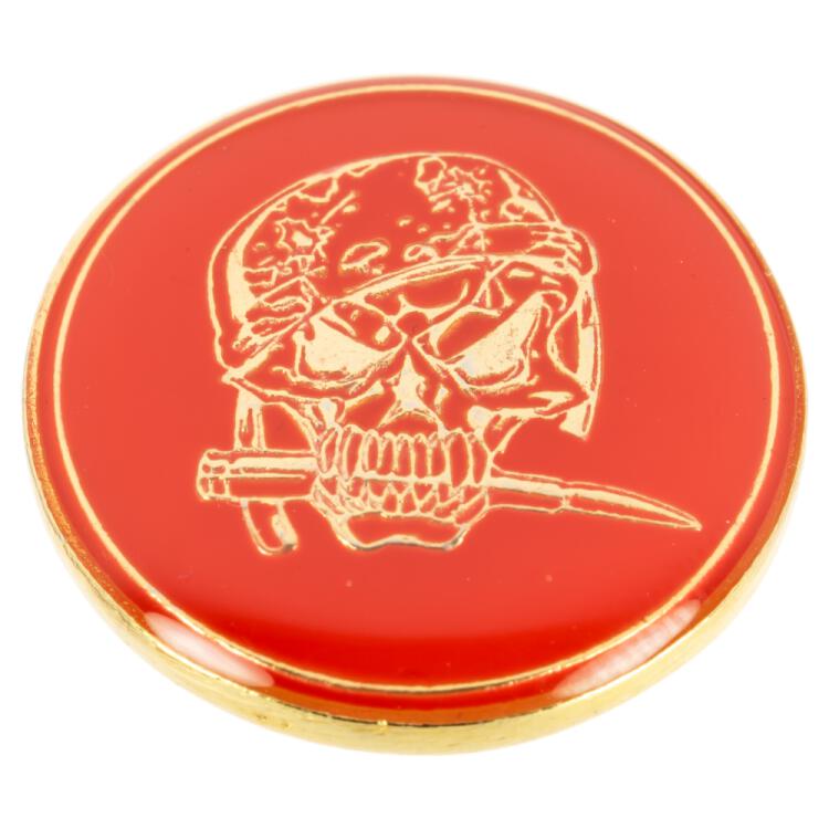 Metallknopf in Rot mit Piratenschädel in Gold