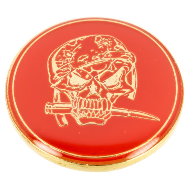 Metallknopf in Rot mit Piratenschädel in Gold 15mm