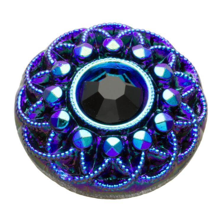 Glasknopf mit Chatonstein und edlem Muster in Blau - Schwarz 