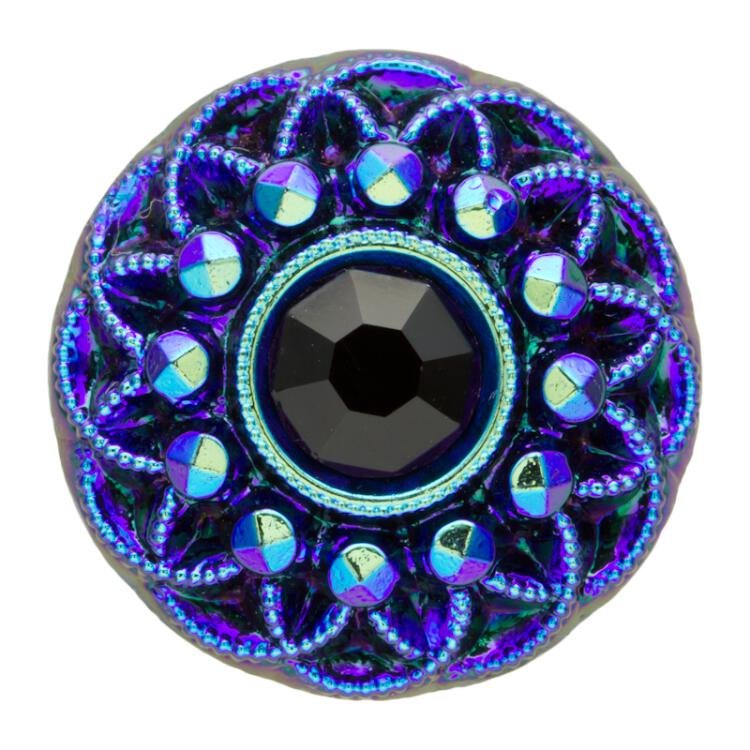 Glasknopf mit Chatonstein und edlem Muster in Blau - Schwarz