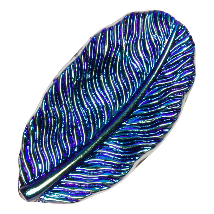 Glasknopf in Feder-Form in irisierend Blau