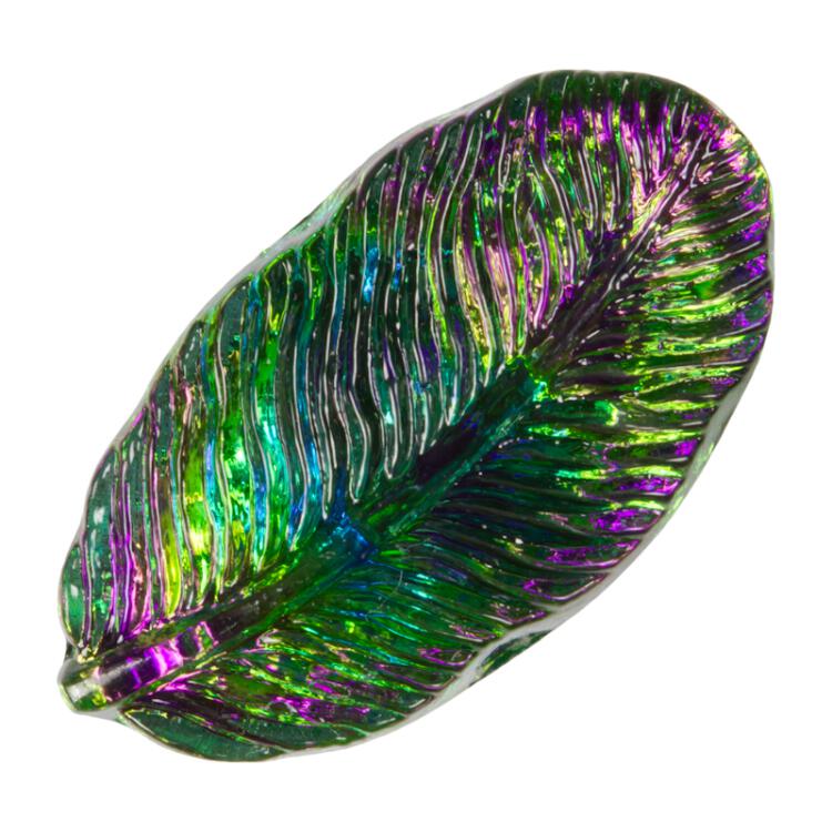 Glasknopf in Feder-Form in irisierend Grün