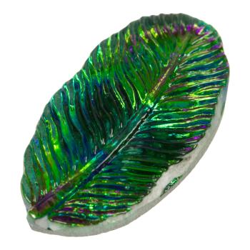 Glasknopf in Feder-Form in irisierend Grün