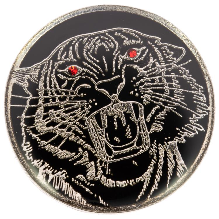 Metallknopf in Schwarz mit silbernem Tiger mit Swarovski-Augen in Rot