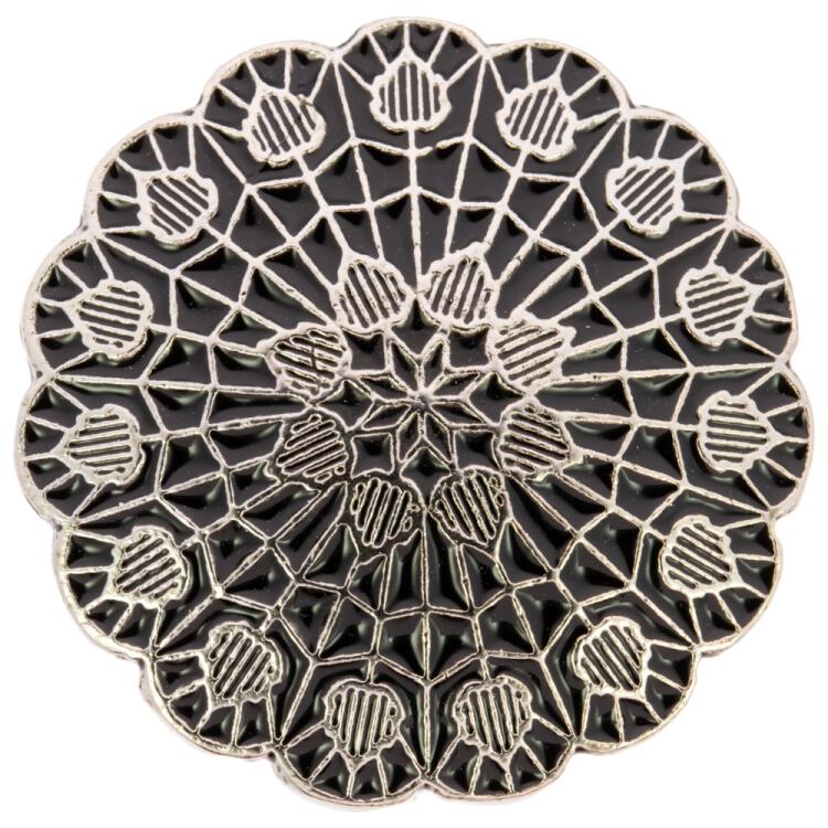 Filigraner Metallknopf in Silber mit schwarzer Füllung