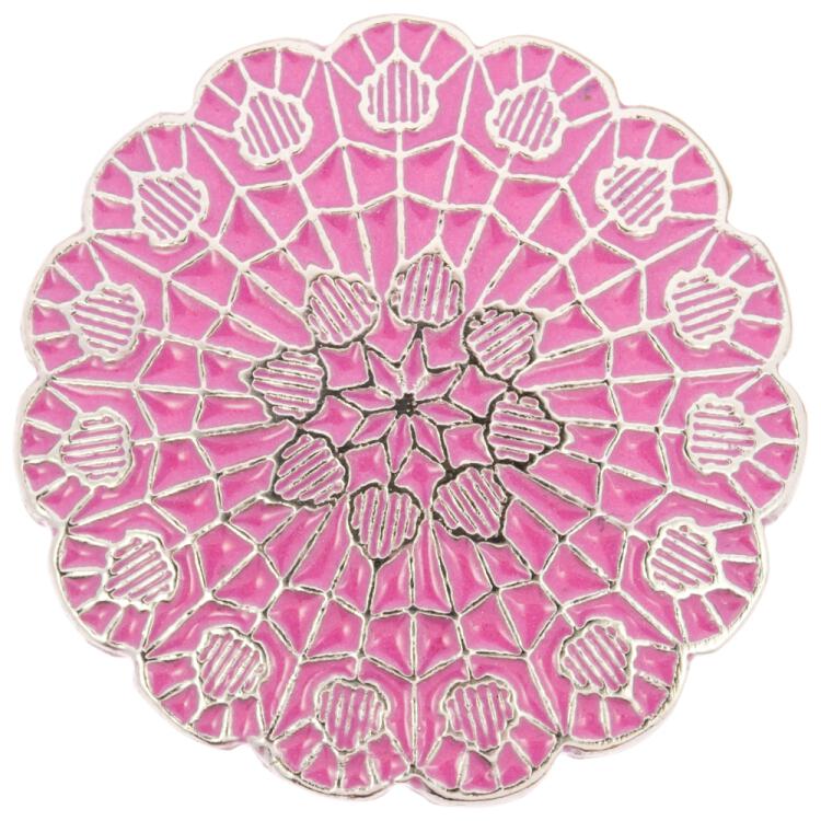 Filigraner Metallknopf in Silber mit rosa Füllung 15mm