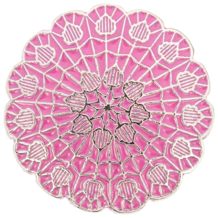 Filigraner Metallknopf in Silber mit rosa Füllung 23mm