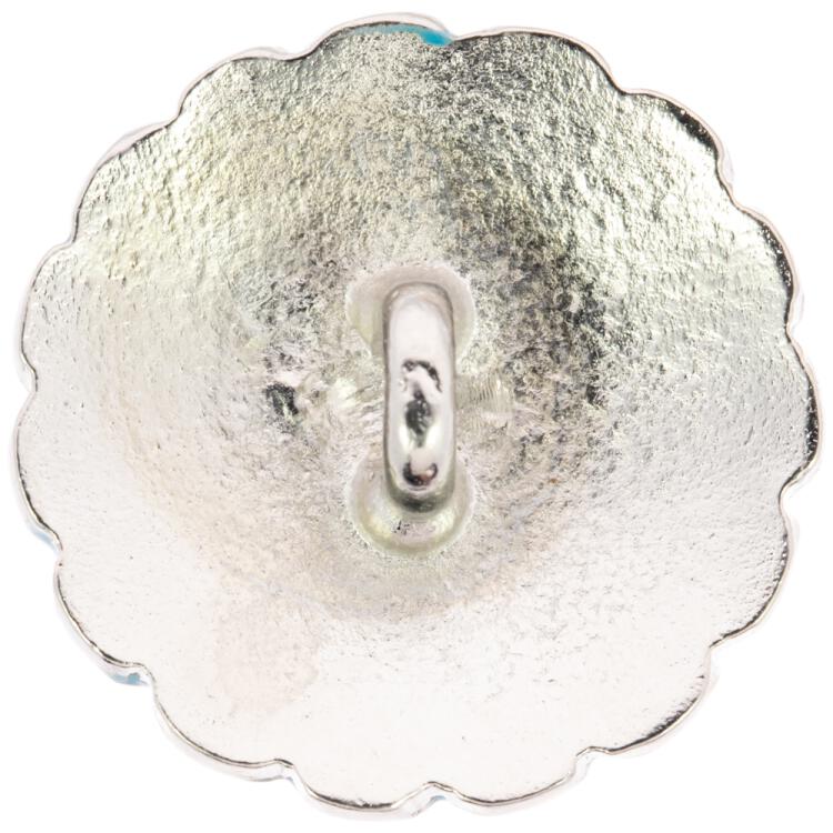 Filigraner Metallknopf in Silber mit hellblauer Füllung 15mm