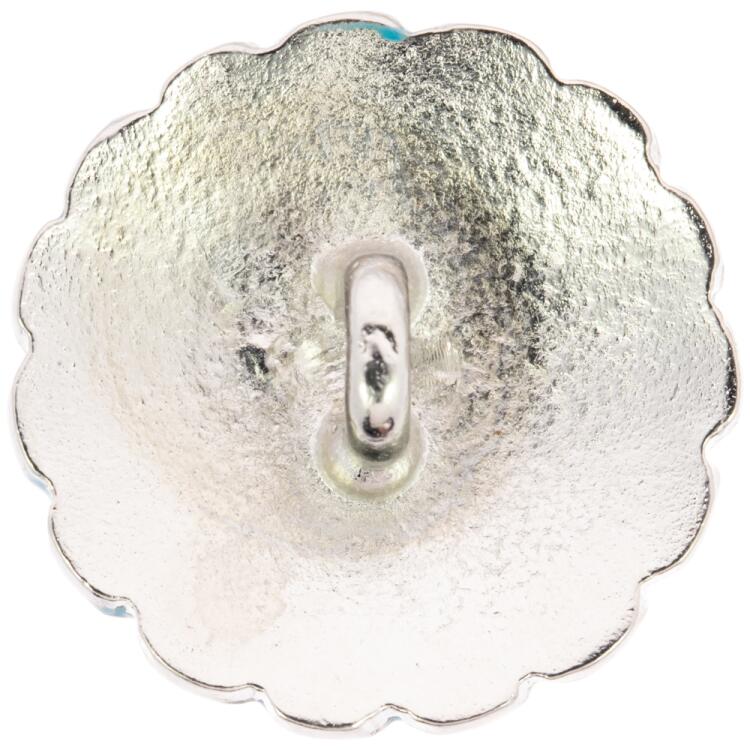 Filigraner Metallknopf in Silber mit hellblauer Füllung 23mm