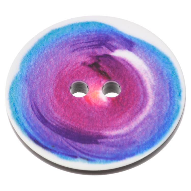 Ausgefallener Sommerknopf aus Kunststoff mit Farbwirbel-Print in Rosa-Blautönen
