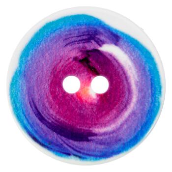 Ausgefallener Sommerknopf aus Kunststoff mit Farbwirbel-Print in Rosa-Blautönen