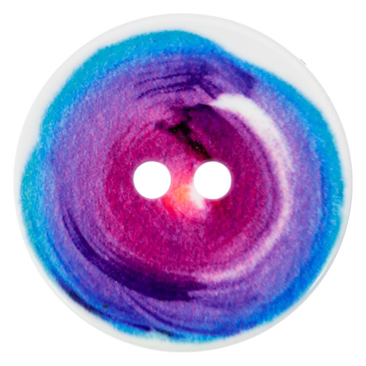 Ausgefallener Sommerknopf aus Kunststoff mit Farbwirbel-Print in Rosa-Blautönen 13mm