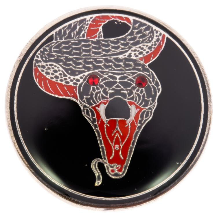 Metallknopf in Schwarz-Silber mit einer Schlange in Tricolor mit roten Swarovski-Augen 13mm