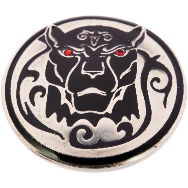 Silberner Metallknopf mit Puma in Schwarz mit roten Swarovski-Augen 15mm
