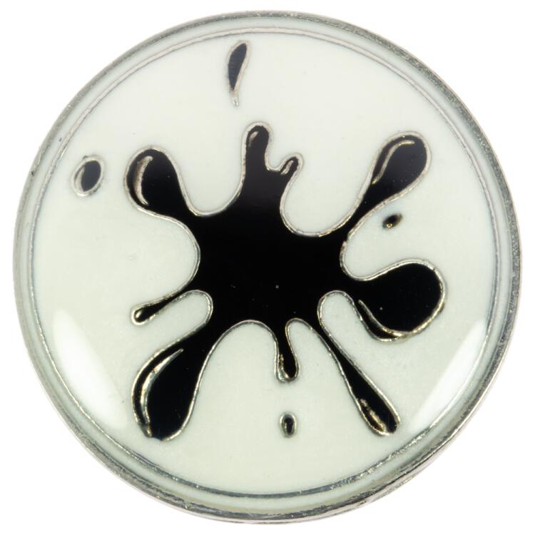 Designerknopf aus Metall in Silber-Weiss mit schwarzem Tintenklecks 13mm