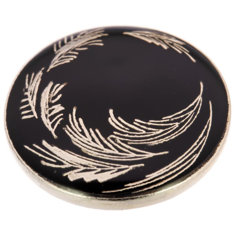 Designerknopf aus Metall in Schwarz mit silbernem Federmotiv