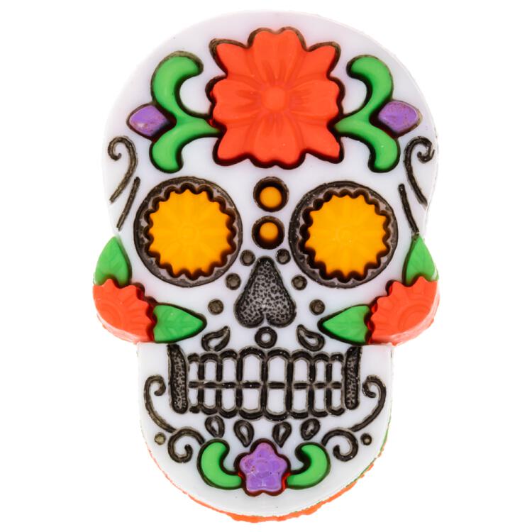 Kunststoffknopf - Sugar-Skull - mexikanischer Totenkopf mit roter Blume