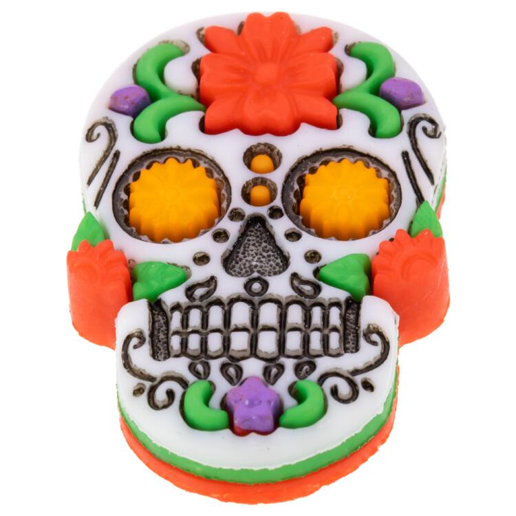 Kunststoffknopf - Sugar-Skull - mexikanischer Totenkopf mit roter Blume 25mm