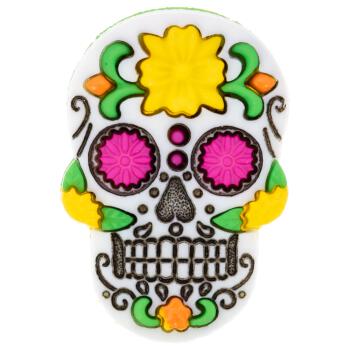 Kunststoffknopf - Sugar-Skull - mexikanischer Totenkopf mit gelber Blume