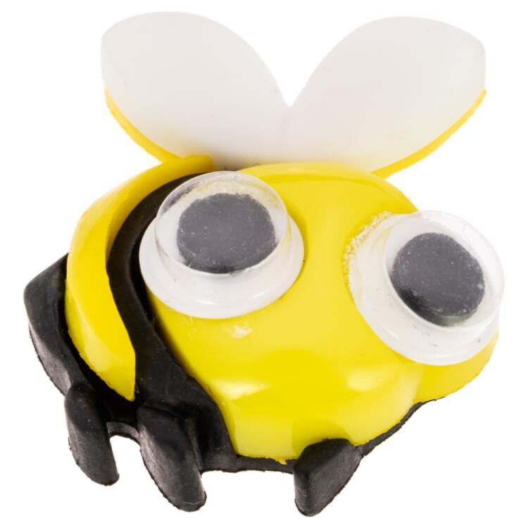 Kinderknopf aus Kunststoff - fleißige Biene in Schwarz-Gelb mit Wackelaugen