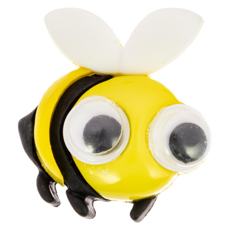 Kinderknopf aus Kunststoff - fleißige Biene in Schwarz-Gelb mit Wackelaugen 25mm