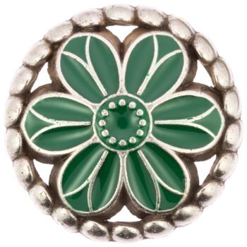 Zierknopf aus Metall in Altsilber Blumenform mit grüner Füllung