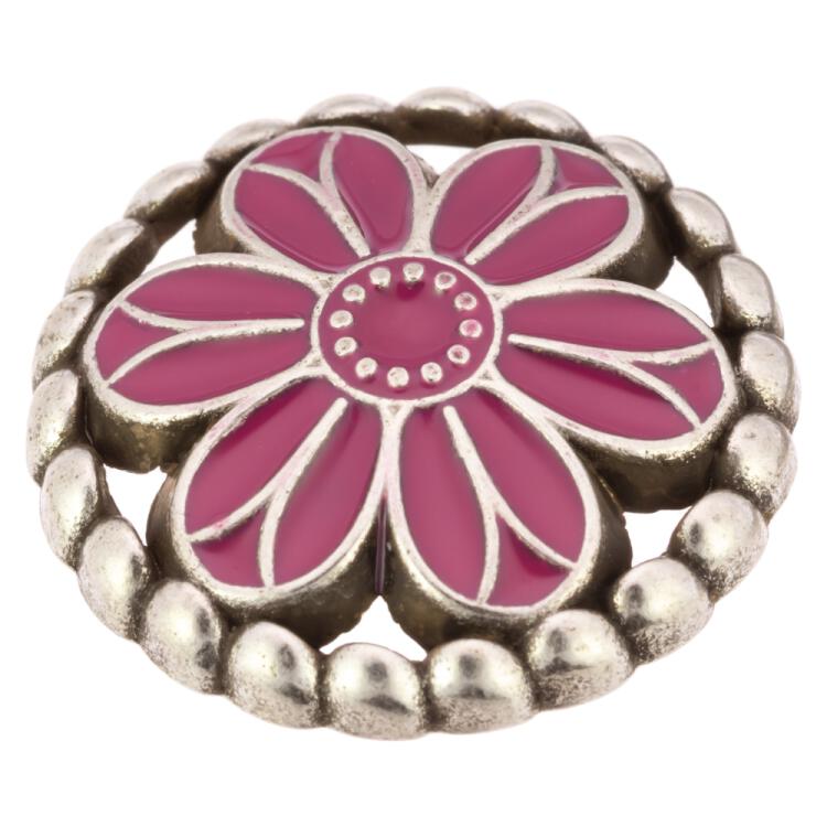 Zierknopf aus Metall in Altsilber Blumenform mit rosa Füllung