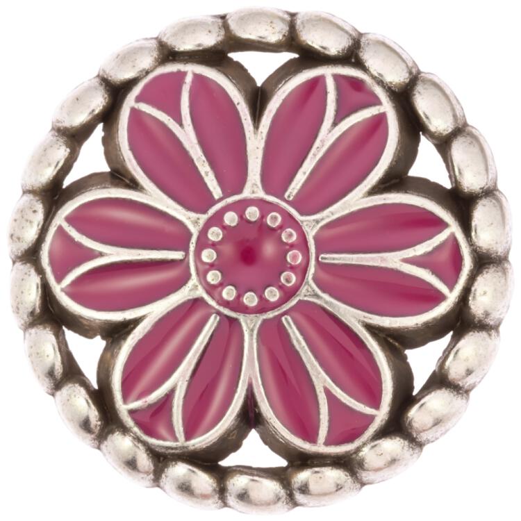 Zierknopf aus Metall in Altsilber Blumenform mit rosa Füllung 15mm