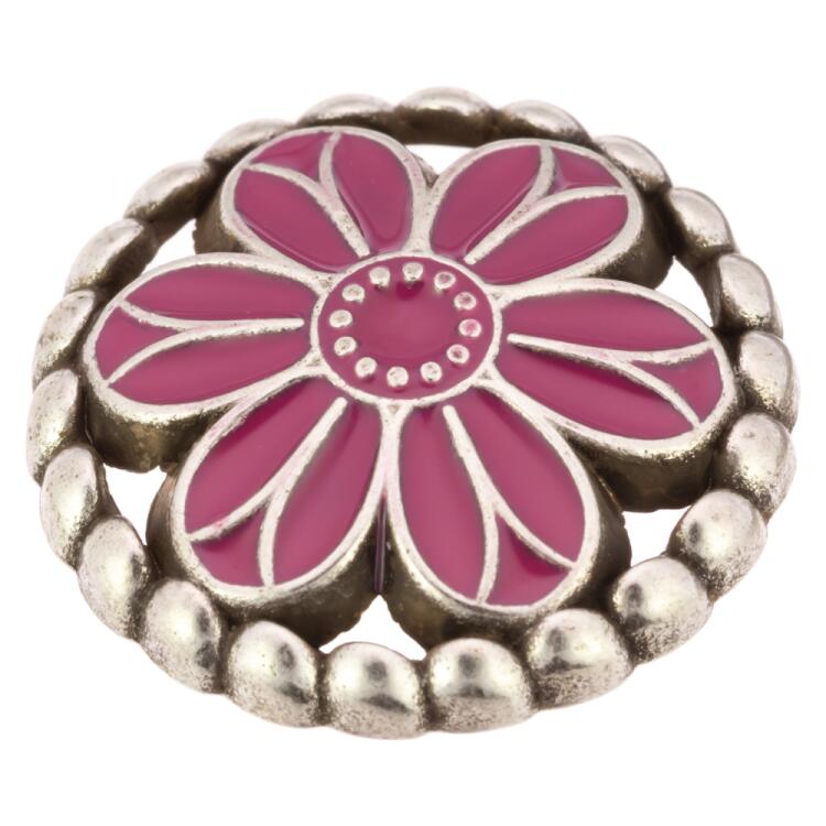 Zierknopf aus Metall in Altsilber Blumenform mit rosa Füllung 23mm