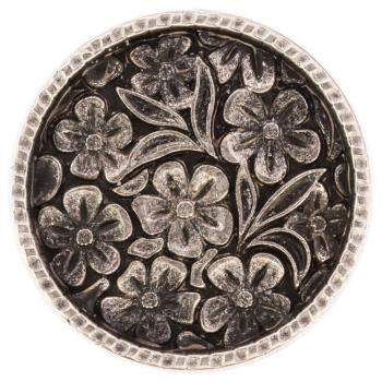 Flacher Metallknopf in Altsilber mit Blumenmotiv und filigranem Rand