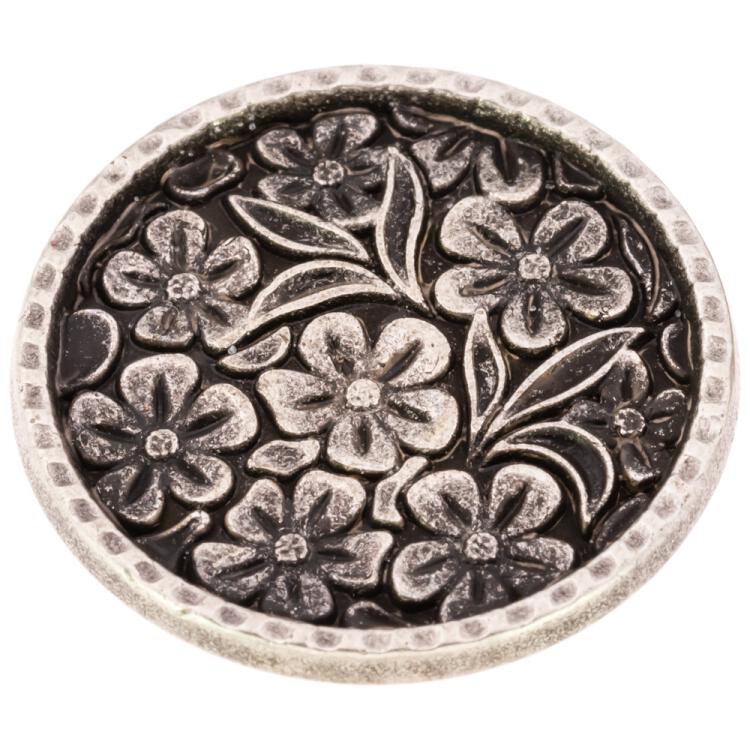 Flacher Metallknopf in Altsilber mit Blumenmotiv und filigranem Rand 15mm