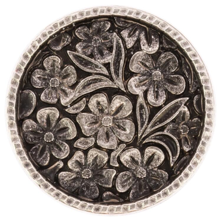 Flacher Metallknopf in Altsilber mit Blumenmotiv und filigranem Rand 15mm