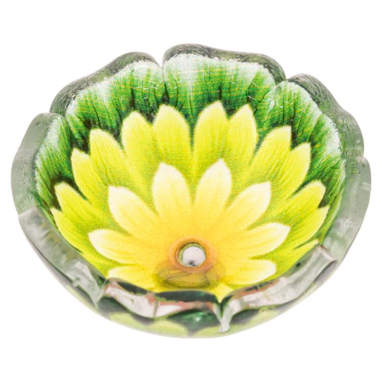 Grüner Kunststoffknopf in Blumenform geschüsselt mit Metallöse 15mm