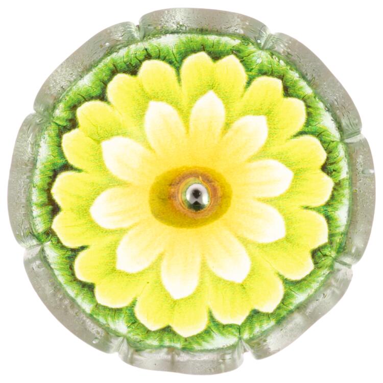 Grüner Kunststoffknopf in Blumenform geschüsselt mit Metallöse 15mm