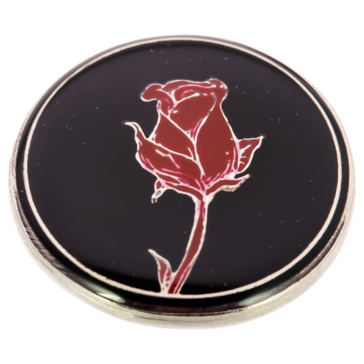Eleganter Metallknopf in Schwarz mit rotem Rosenmotiv 13mm