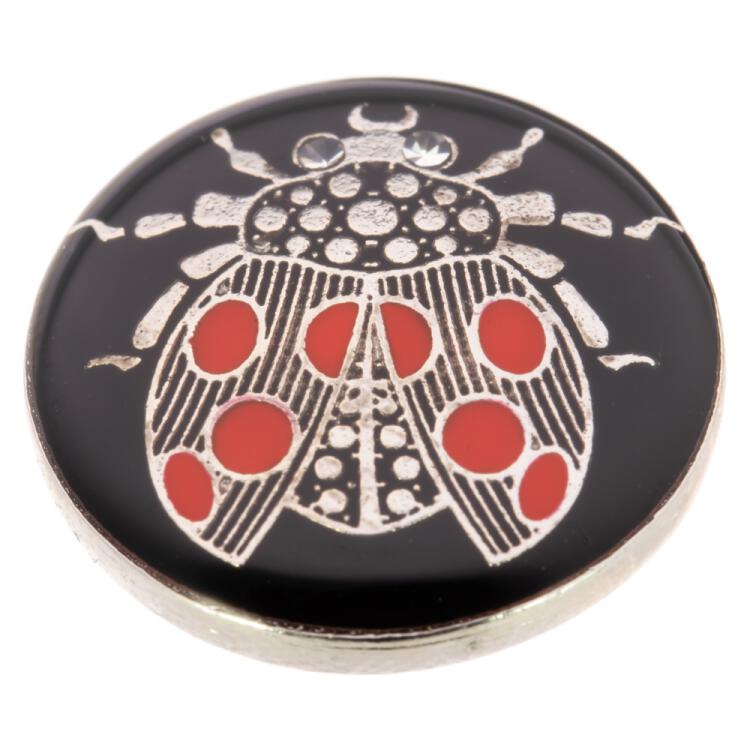 Metallknopf - Marienkäfer in Silber-Rot mit Swarovski-Augen auf schwarzem Hintergrund