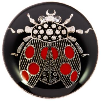 Metallknopf - Marienkäfer in Silber-Rot mit Swarovski-Augen auf schwarzem Hintergrund